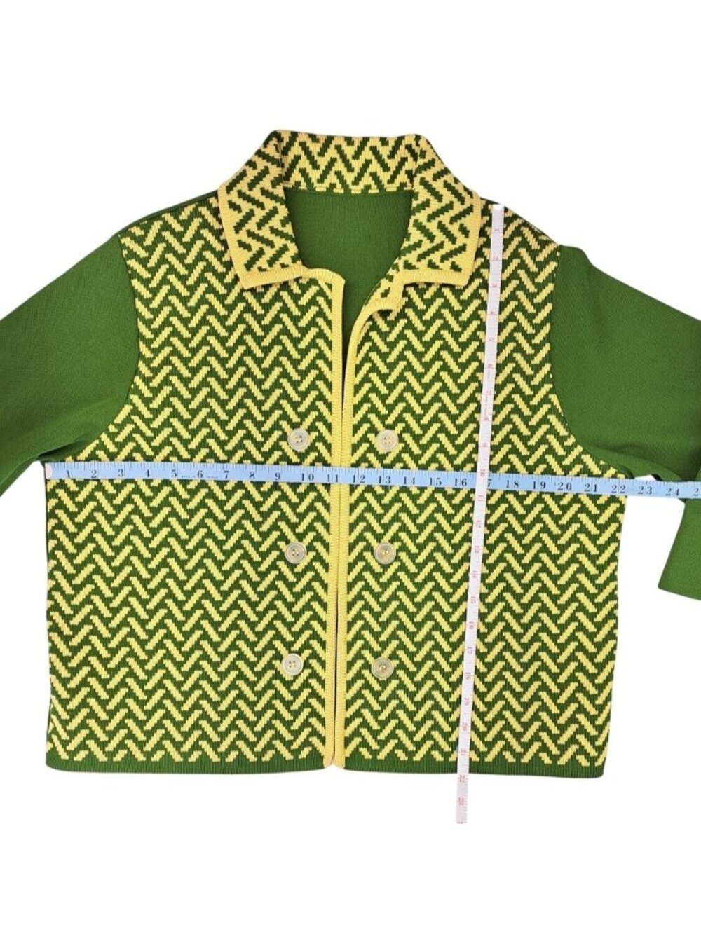 Vintage Green Yellow Polyester Knit Cardigan Sweater Chevron Women Size XL Union - Picture 10 of 10